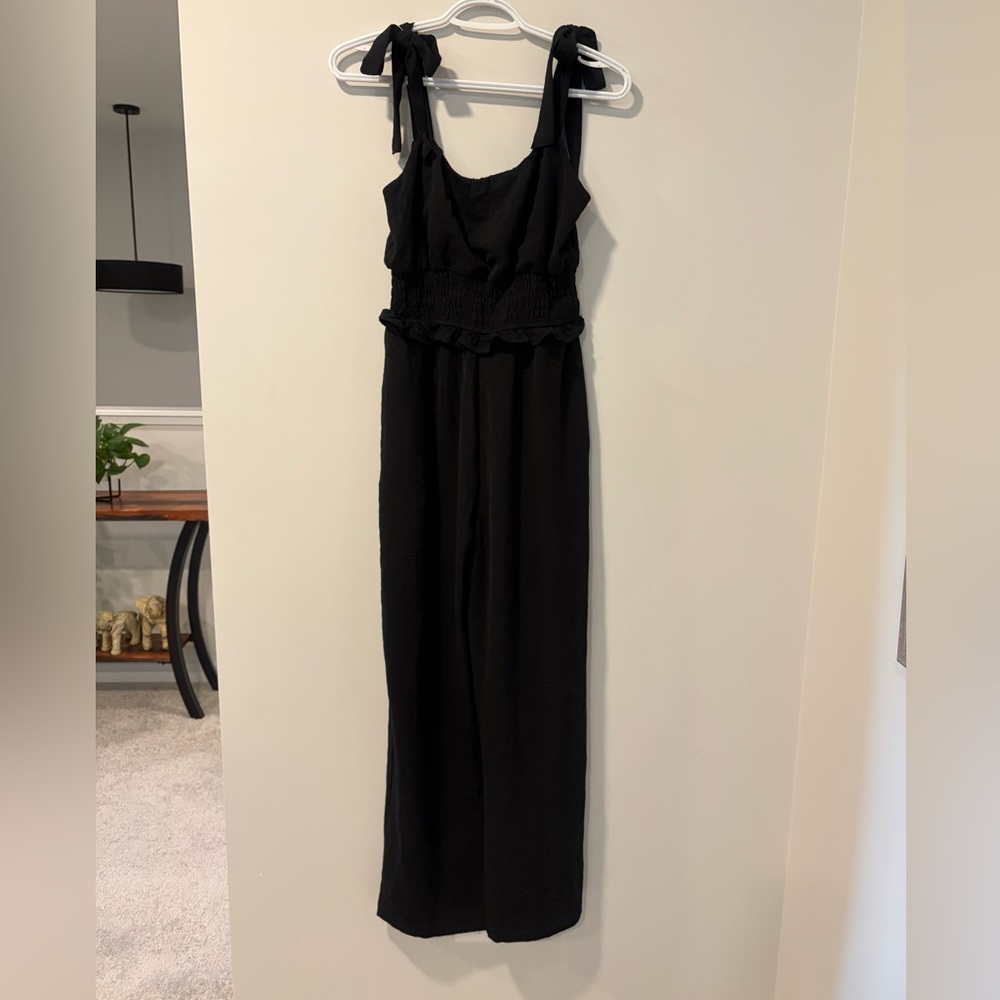 Monteau Black Smocked Waist Jumpsuit With Shoulder Bows NWT!